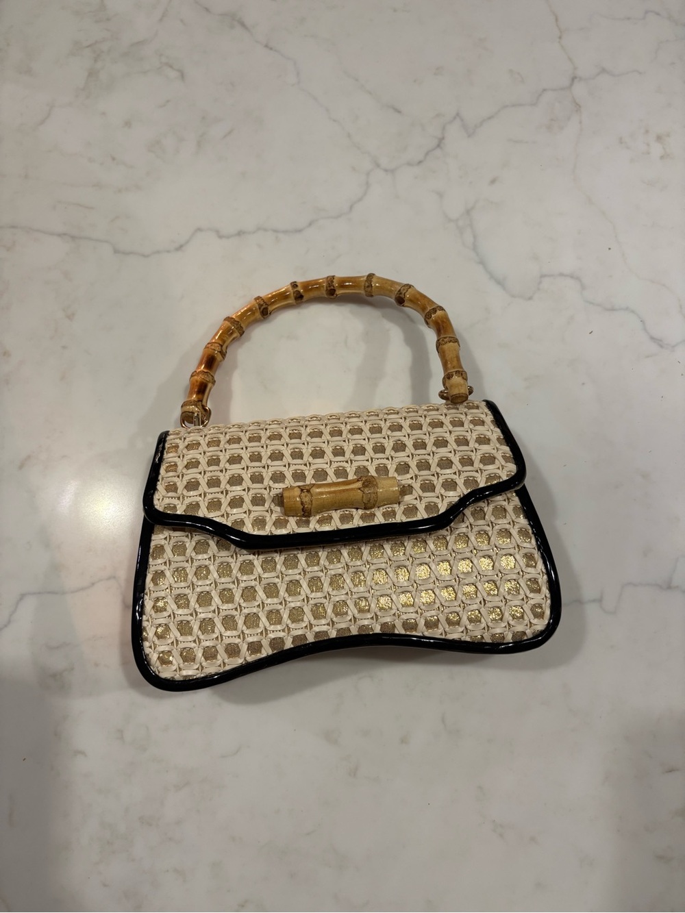 Woven Cream Bamboo-Handle Top-Handle Bag